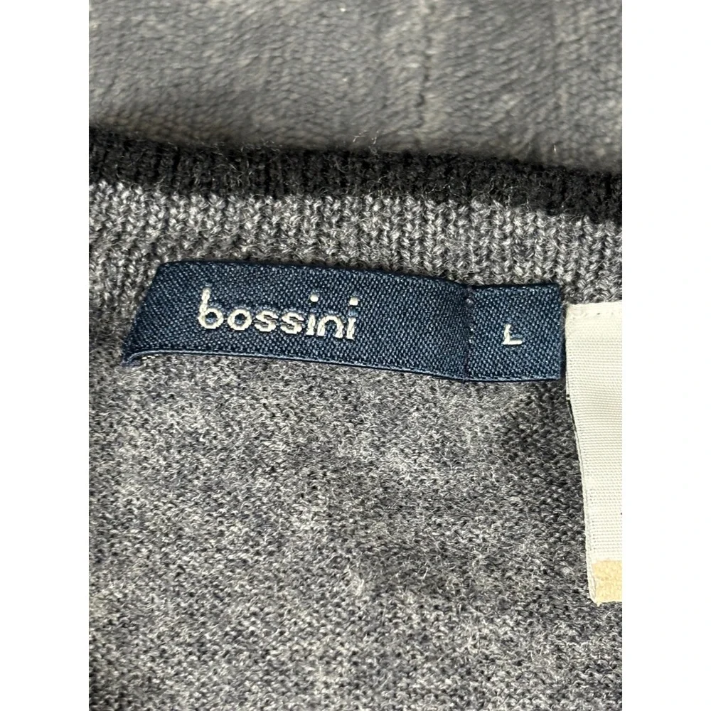 Bossini Mens Large 100% Pure‎ Merino Wool Crewneck Sweater Grey Striped Woolmark